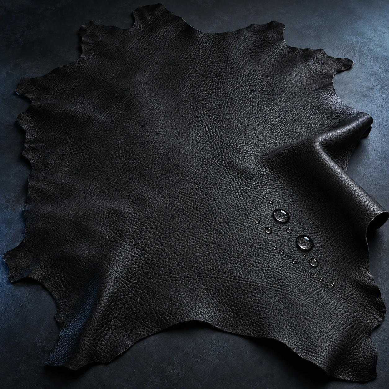 Black milled buffalo leather with water droplets