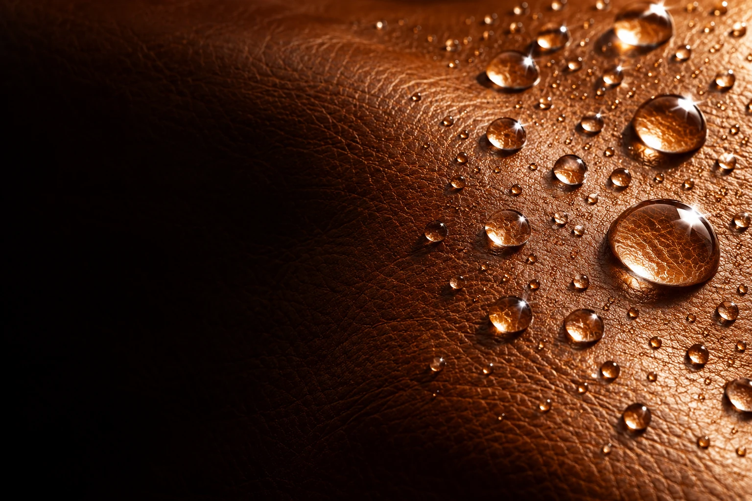 Water droplets beading on leather